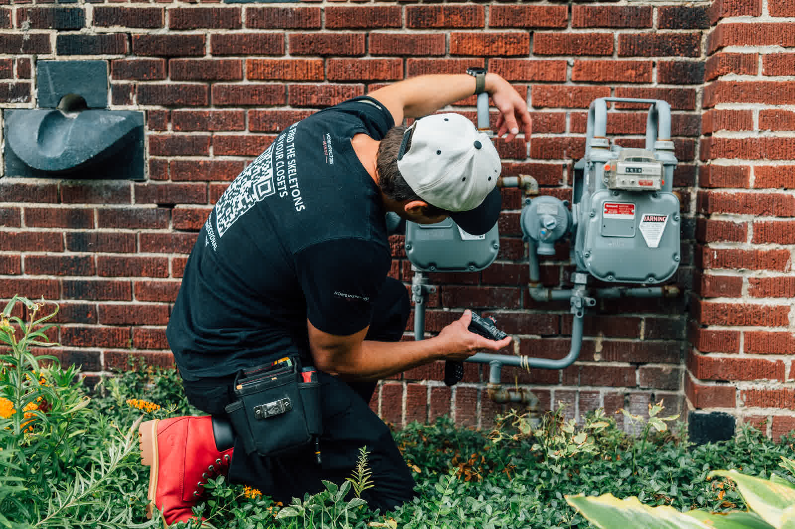Milo Birk checking exterior gas meters during a Detroit home inspection