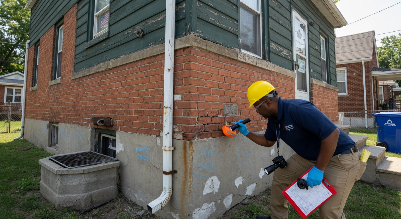 Home inspector examining a Detroit home exterior